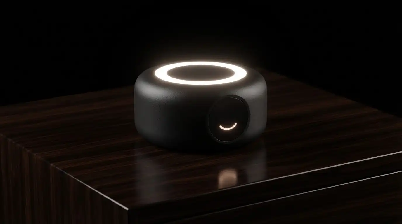 Yashvika Omni concept render: a small round black device with a glowing white ring on top, on a dark wooden table